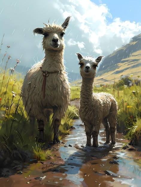 Photo mama and baby llama painting kids illustration wall art decor