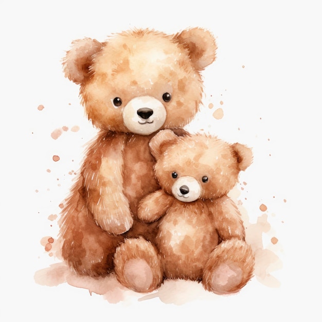 Mama Baby Teddy Bear Watercolor Clip Art White