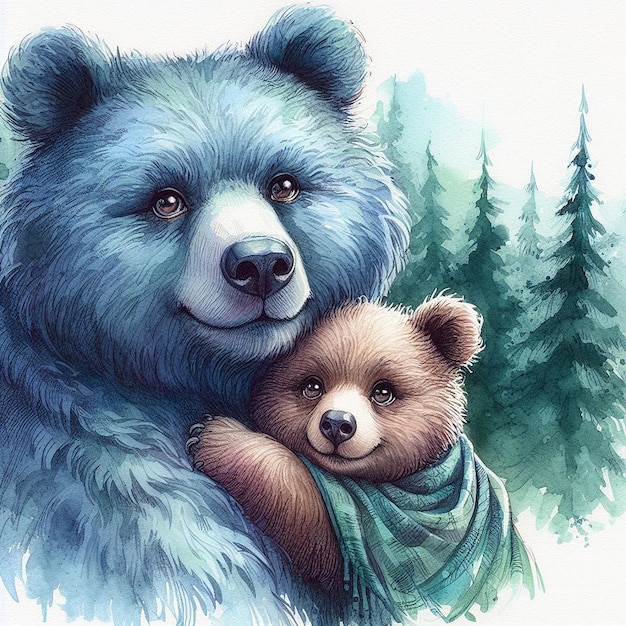 Mama bear with her little bear in the watercolor forest