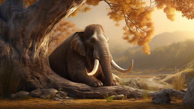 Photo mammoth animal laying down on under tree images generative ai