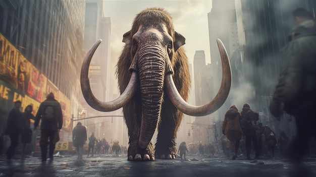 A mammoth walks down a street with a city in the background.