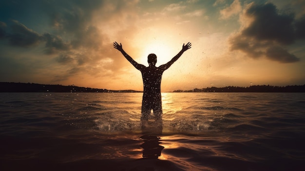 Man admiring nature by water with open arms