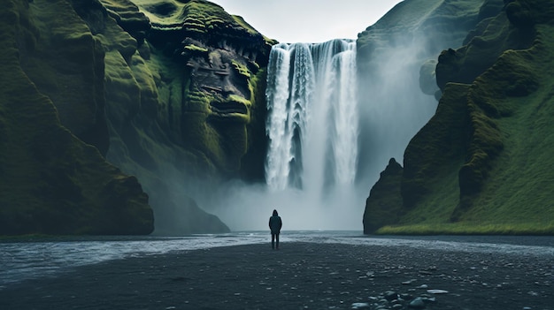 Man admirnig the beauty of iconic skogafoss waterfal