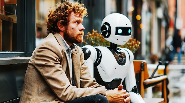 Man and AI robot waiting for a job interview AI vs human competition