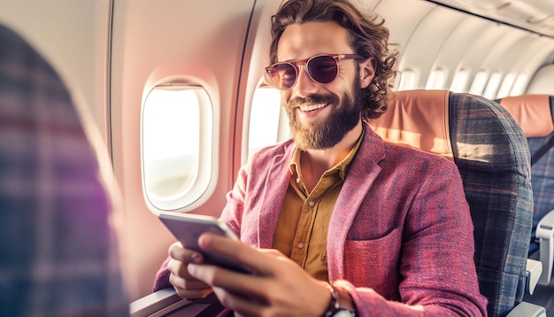 A man on an airplane with a phone in his hand