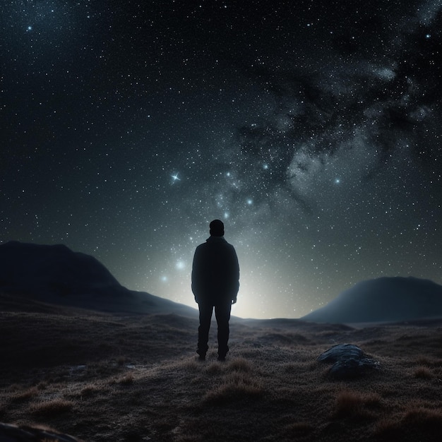 man alone in a planet with stars behind at night