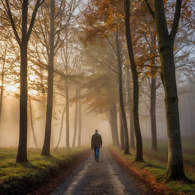 Photo man alone walking in a foggy lane of trees during a nice autumn sunrise