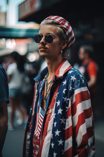 A man in a american flag jacket stands in front of a sign that says'usa'on it