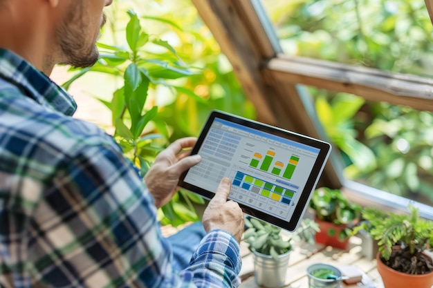 Man analyzing energy data on tablet