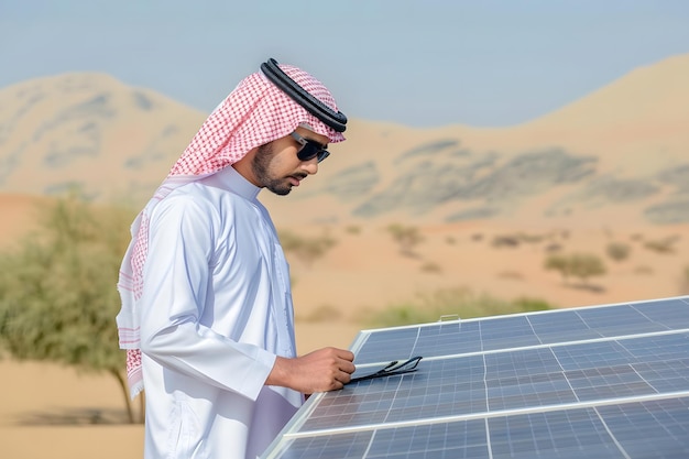 The man appears to be inspecting or adjusting the solar panel