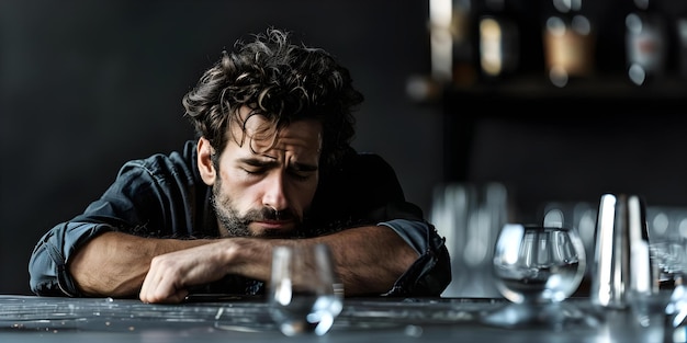 A man appears disheveled and dejected as he slumps over a bar with an empty glass Concept Sadness Loneliness Despair Depression Desolation