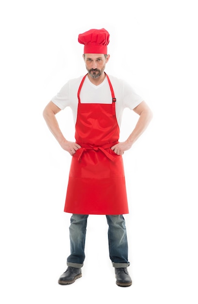 Man in apron. Confident mature handsome man white background. Cooking as professional occupation. Uniform for cooking. Chef in restaurant. Cooking is my hobby. Learn cooking. Welcome to my kitchen.