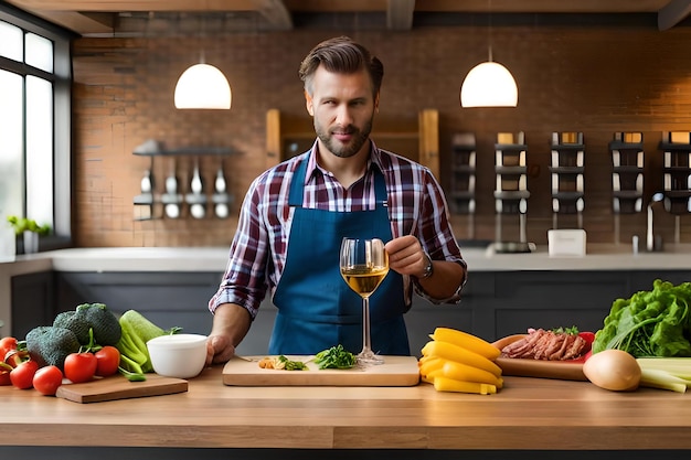 a man in an apron is cooking food with a glass of wine.