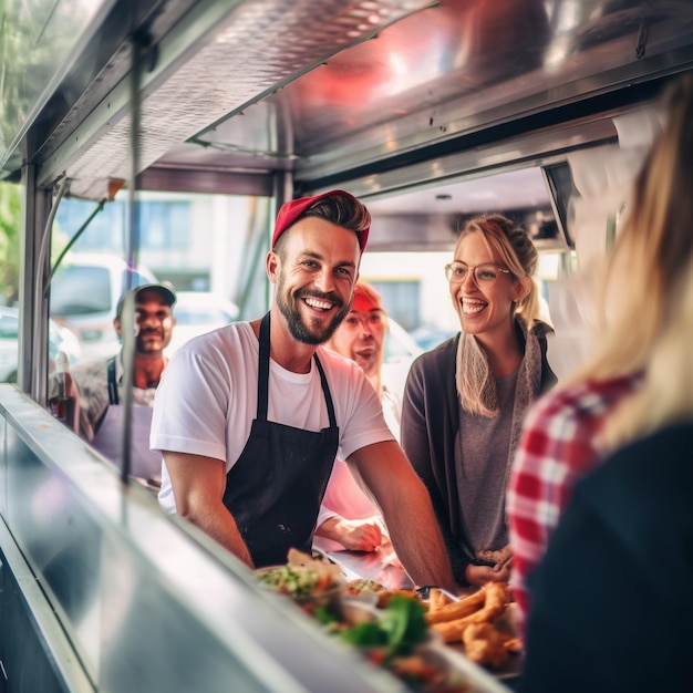 Photo a man in an apron is behind a counter with a woman behind him