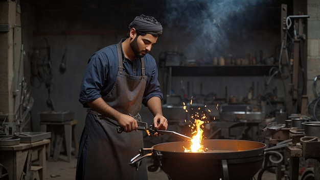 a man in an apron is working on a metal tool with a hammer