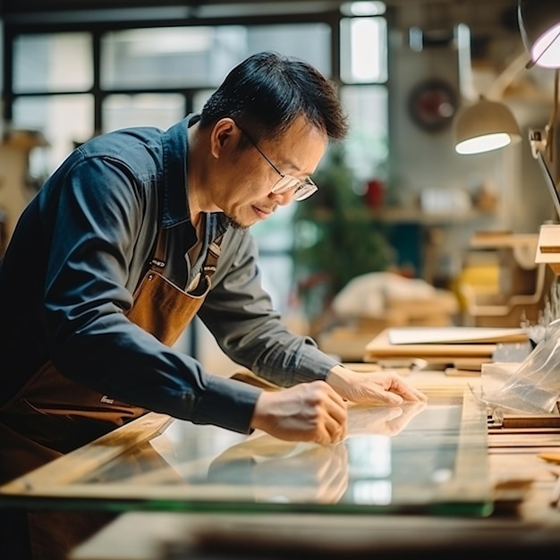 Photo a man in a apron is working on a piece of wood