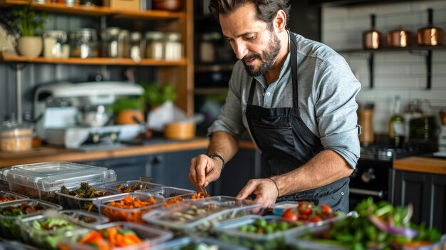 a man in an apron prepares food in a kitchen