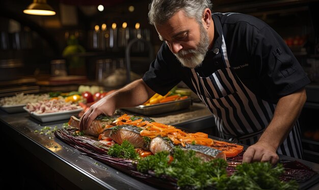 Man in Apron Preparing Food in Kitchen