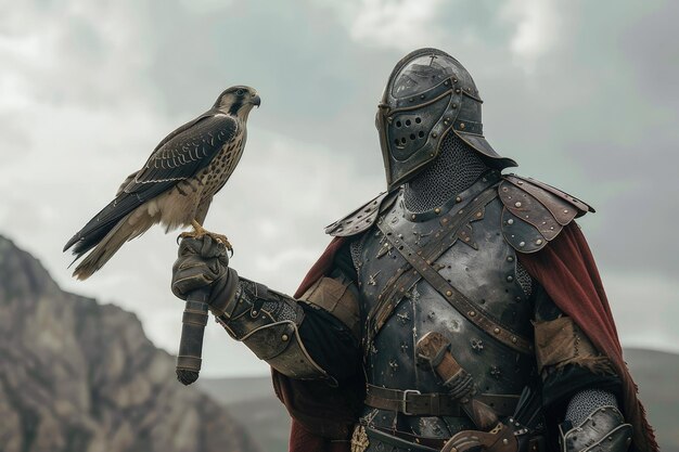 Photo a man in armor holding a falcon on his arm