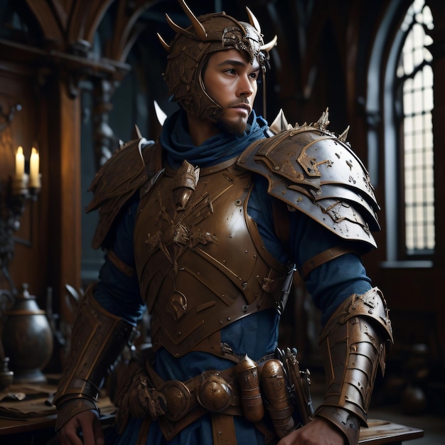 A man in a armor stands in front of a window with the word dragon on it.