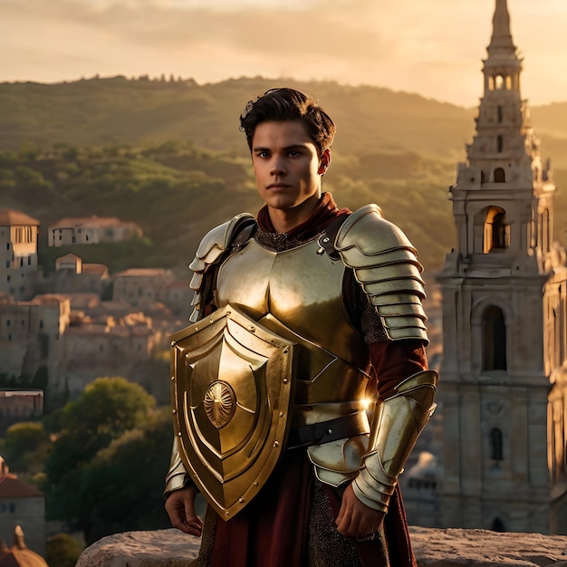 a man in a armor stands on a stone wall with a mountain in the background