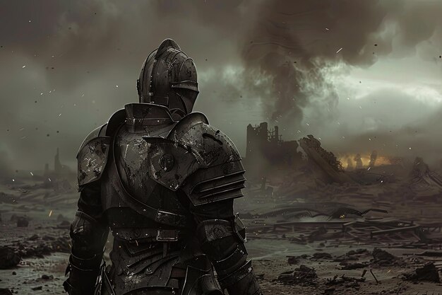 Photo a man in armor walking through a barren area