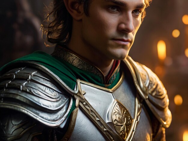 a man in a armor with a green and gold emblem on his chest