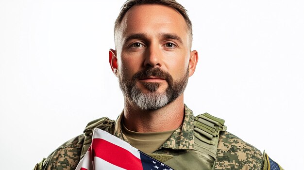 a man in an army uniform with the american flag in the background