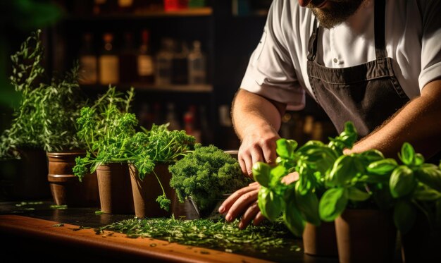 Man Arranging Herbs on Counter