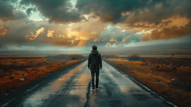 Man arriving at road junction is faced with the decision of taking the right path forward