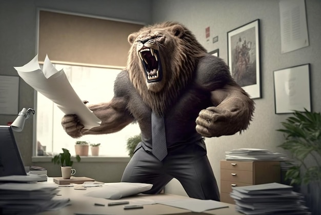 Man as lion is furious in office mad strong boss with head of animal generative AI