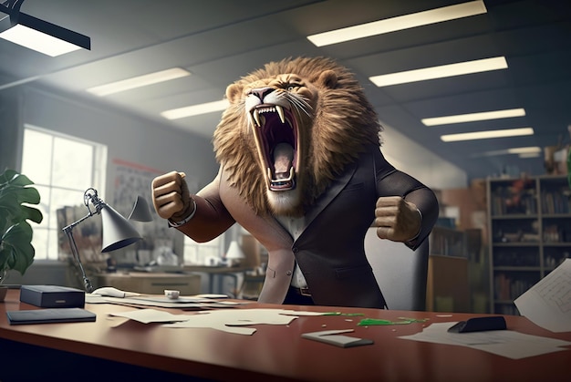 Man as lion is furious in office mad strong manager with head o