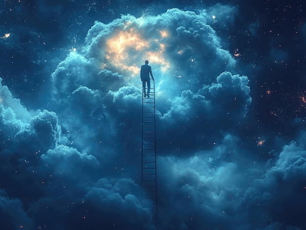 Photo man ascending ladder to surreal cloudscape in starry night sky