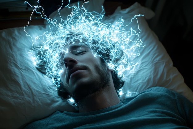 Photo man asleep with a glowing blue brain and electrical currents symbolizing the connection between sle