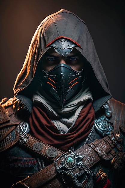 a man in assassin suit with sword and mask, creative ai