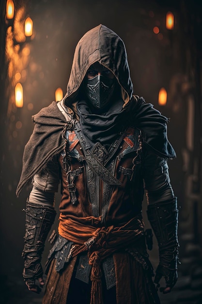 a man in assassin suit with sword and mask, creative ai