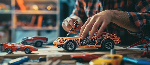 Photo man assembling a toy car with a screwdriver