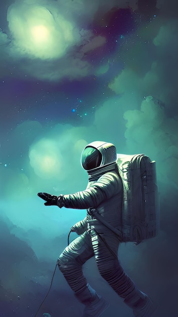 A man in an astronaut suit is looking up at the moon.