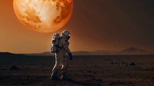 Photo a man in an astronaut suit stands in front of a geyser