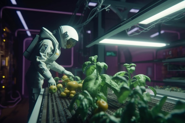 A man in an astronaut suit stands in a greenhouse with tomatoes and spinach.