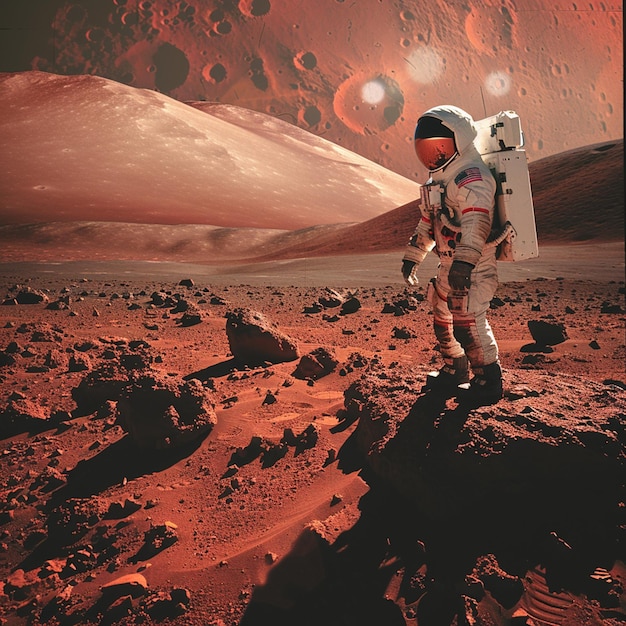 a man in an astronaut suit stands on a red surface with a red planet in the background