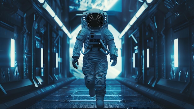 a man in an astronaut suit walks down a hallway with a clock on the back