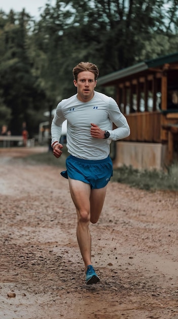 Photo man athlete running on the gravel road generative ai