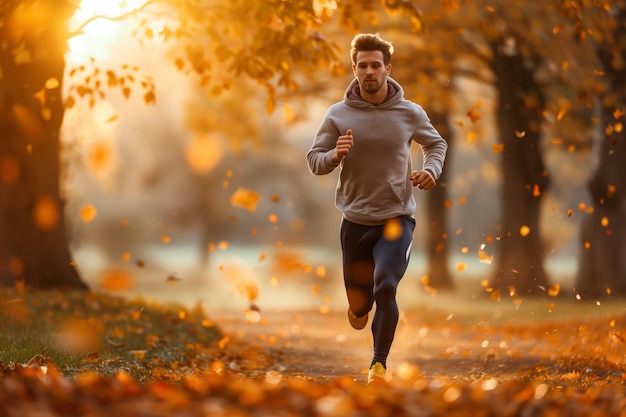 A man in athletic wear jogging on an outdoor path through the park at sunrise with trees and grass around him