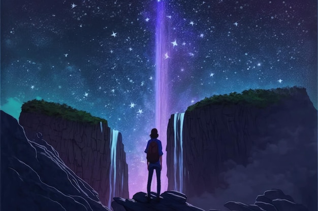 Man atop a rock formation near a waterfall gazes at the night sky Fantasy concept Illustration painting Generative AI