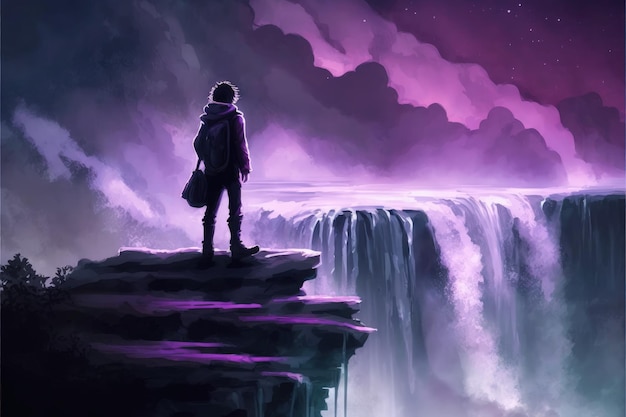 Man atop a rock formation near a waterfall gazes at the night sky Fantasy concept Illustration painting Generative AI