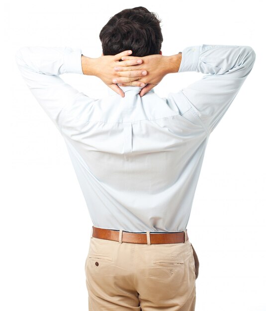 Man back view relaxing on a white background