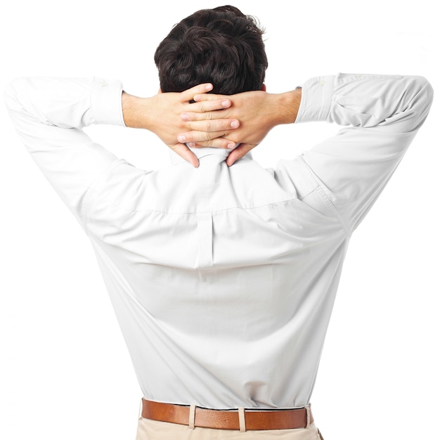 Man back view relaxing on a white background