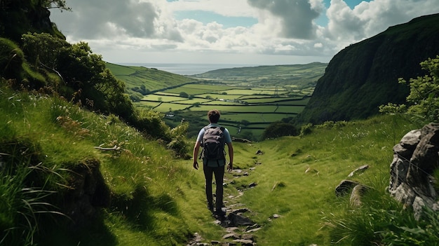 Man Backpack Hill Walk Up Trek Mountain Outdoor Nature Adventure Travel Hike St Patricks Day