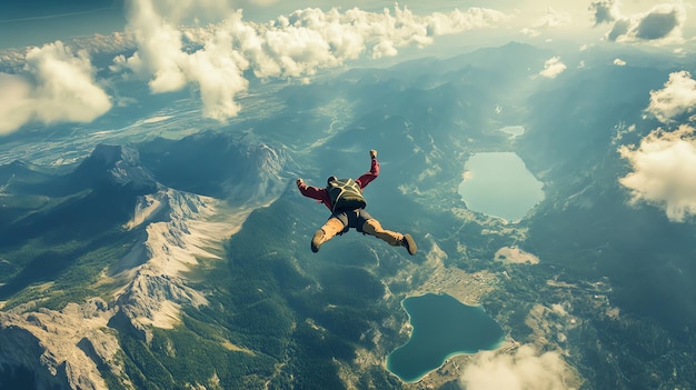 a man in a backpack jumps into the air above a mountain lake